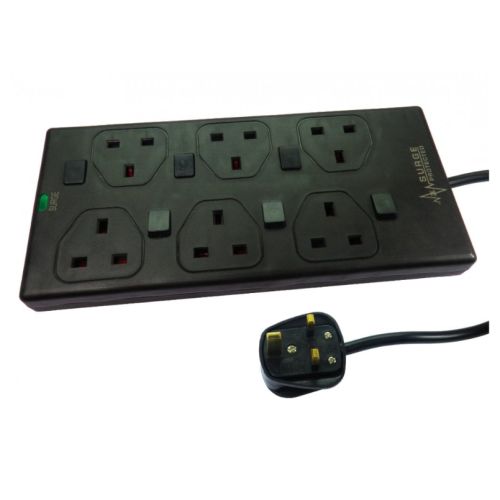 Spire Mains Power Multi Socket Extension Lead, 6-Way, 3M Cable, Surge Protected, Status LED, Individually Switched, Black - Rusty Old Gamers