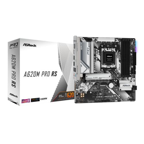 Asrock A620M PRO RS, AMD A620, AM5, Micro ATX, 4 DDR5, HDMI, DP, GB LAN, PCIe4, RGB, 3x M.2-4