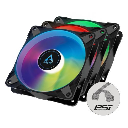 Arctic 12cm P12 Pressure Optimised PWM PST ARGB Case Fans (3 Pack), Fluid Dynamic, 12 LEDs, 0-2000 RPM, 0dB Mode, Black-0