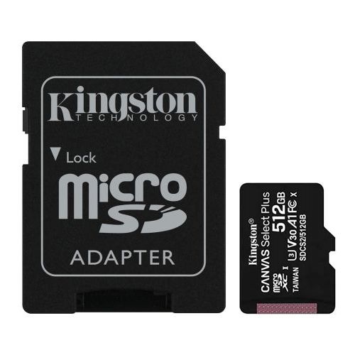 Kingston 512GB Canvas Select Plus Micro SDXC Card with SD Adapter, UHS-I Class 10, U3, A1 App Performance, 100MB/s-0