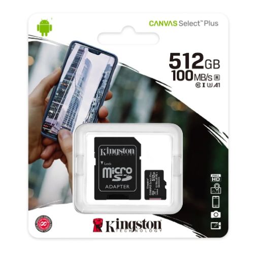 Kingston 512GB Canvas Select Plus Micro SDXC Card with SD Adapter, UHS-I Class 10, U3, A1 App Performance, 100MB/s-1