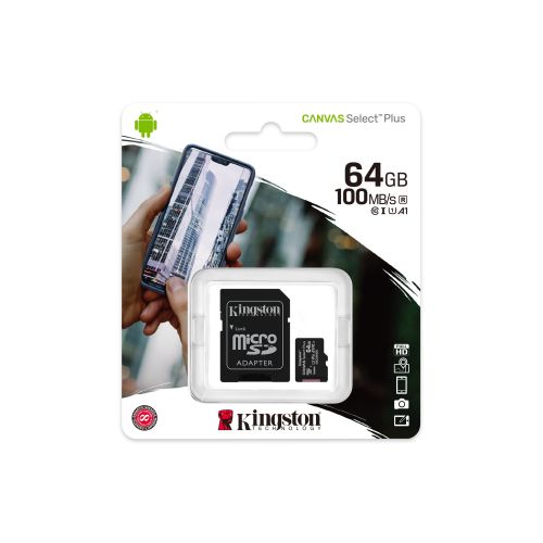Kingston 64GB Canvas Select Plus Micro SDXC Card with SD Adapter, UHS-I Class 10,U1, A1 App Performance, 100MB/s-2