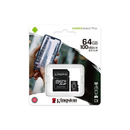 Kingston 64GB Canvas Select Plus Micro SDXC Card with SD Adapter, UHS-I Class 10,U1, A1 App Performance, 100MB/s-2